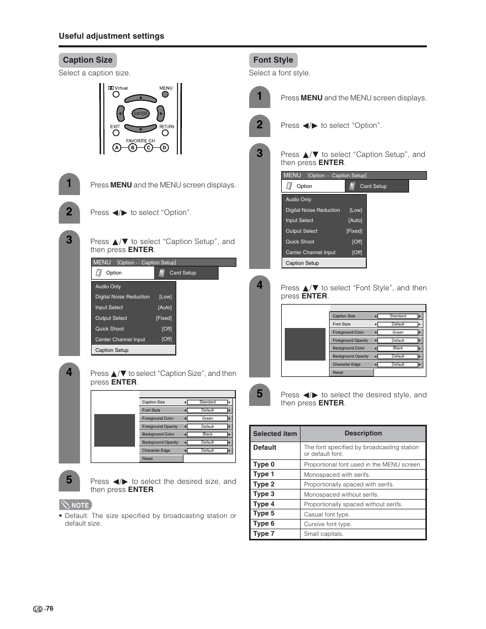 Useful adjustment settings caption size, Font style | Sharp Aquos LC 32G4U User Manual | Page 76 / 104