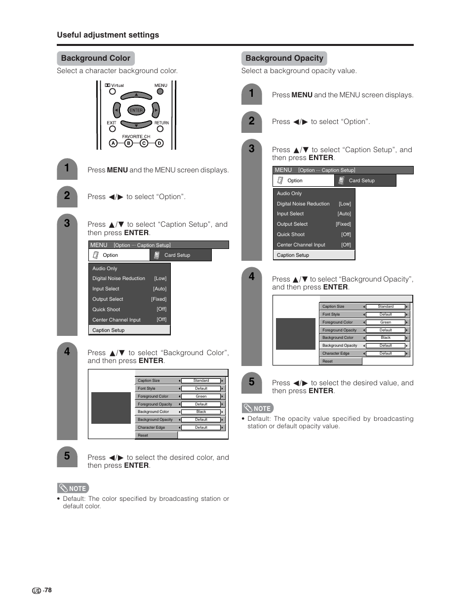 Useful adjustment settings background color, Background opacity | Sharp Aquos LC 32G4U User Manual | Page 78 / 104