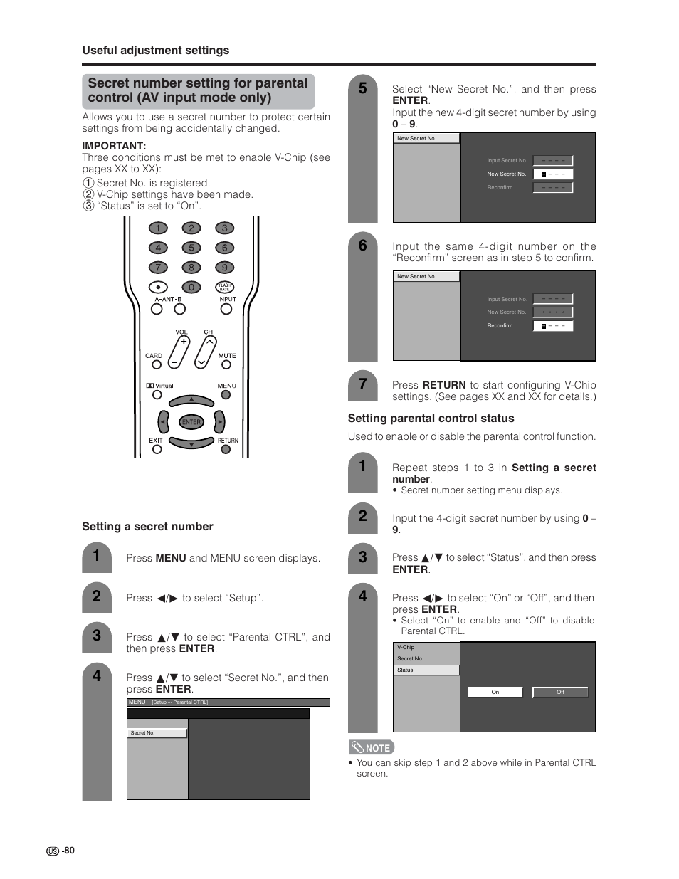 Useful adjustment settings, Setting parental control status, Setting a secret number | Sharp Aquos LC 32G4U User Manual | Page 80 / 104