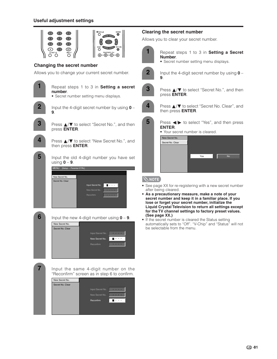 Clearing the secret number | Sharp Aquos LC 32G4U User Manual | Page 81 / 104