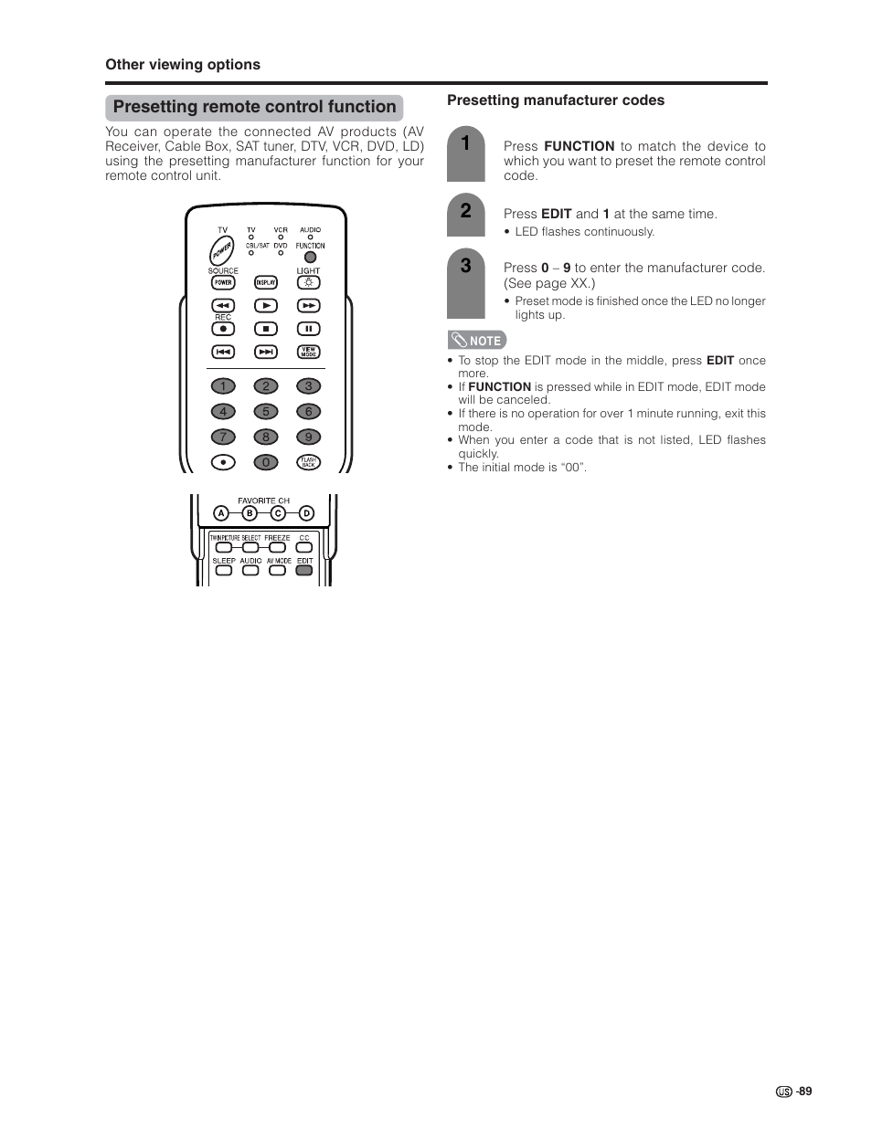 Presetting remote control function | Sharp Aquos LC 32G4U User Manual | Page 89 / 104