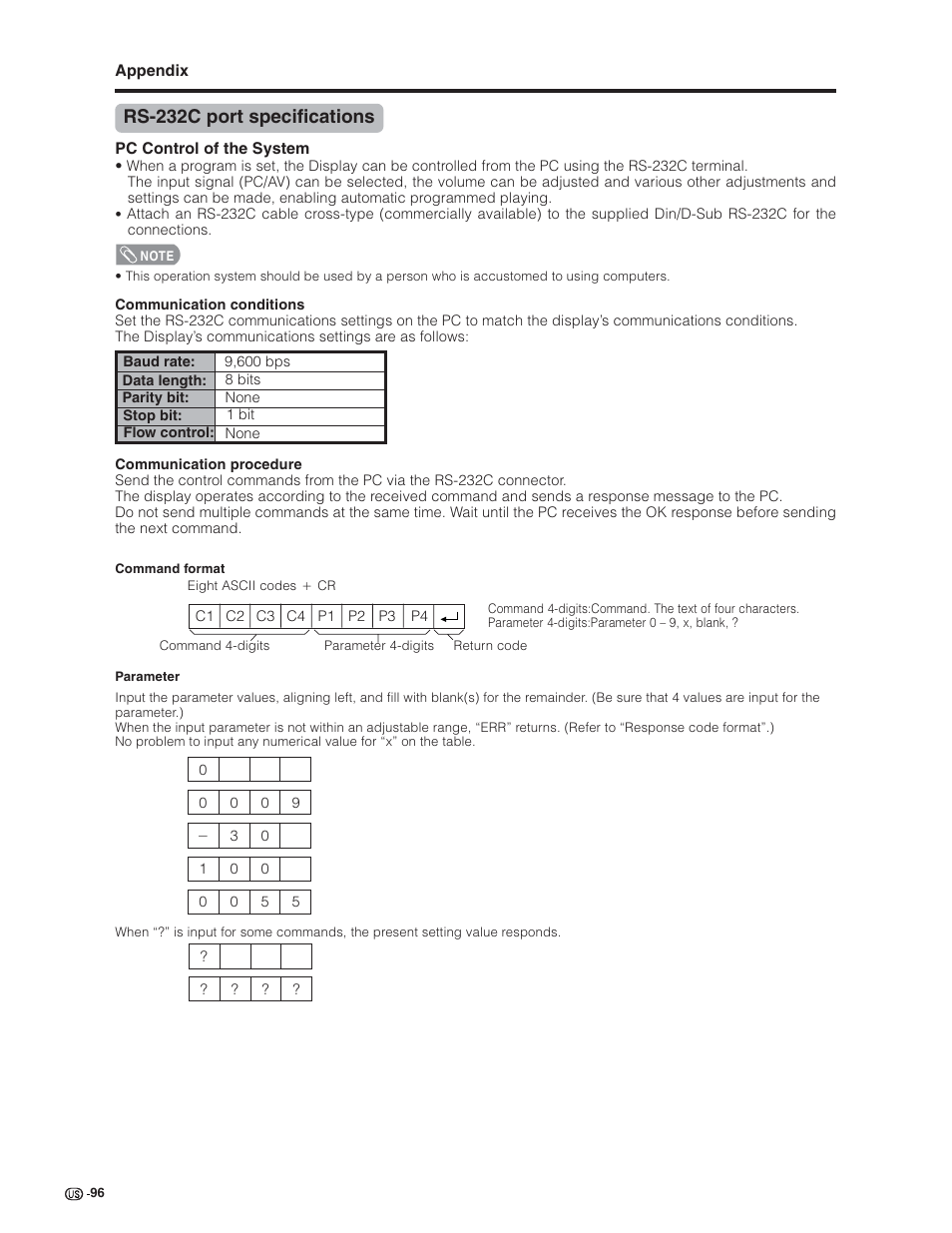 Rs-232c port specifications | Sharp Aquos LC 32G4U User Manual | Page 96 / 104