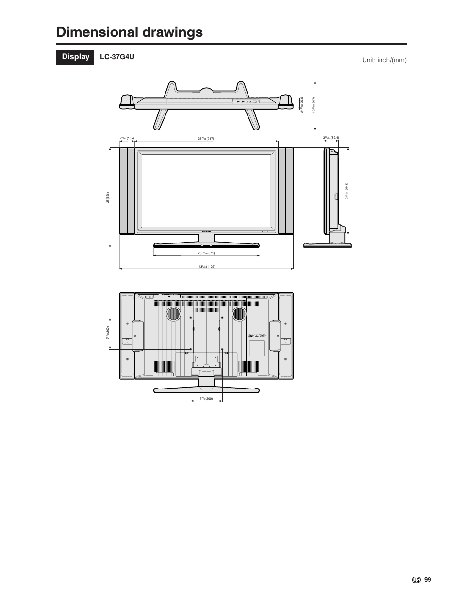 Dimensional drawings, Display, Lc-37g4u | Unit: inch/(mm) | Sharp Aquos LC 32G4U User Manual | Page 99 / 104