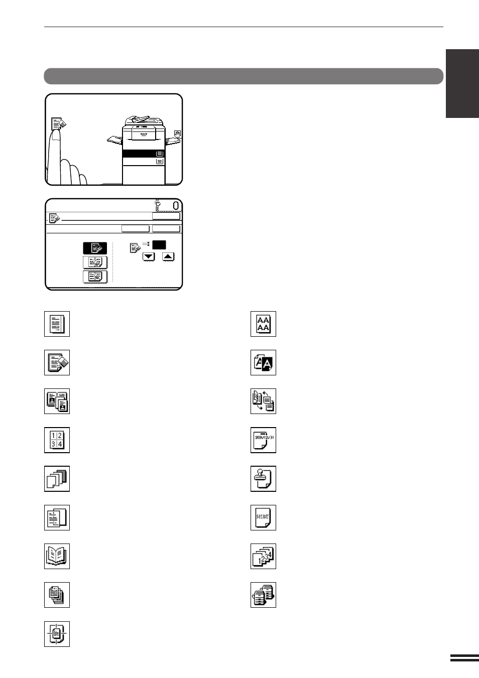 Function setting icons, Using the touch panel, Ready to copy. 1. a4 2. a3 | Sharp AR-407 User Manual | Page 13 / 184