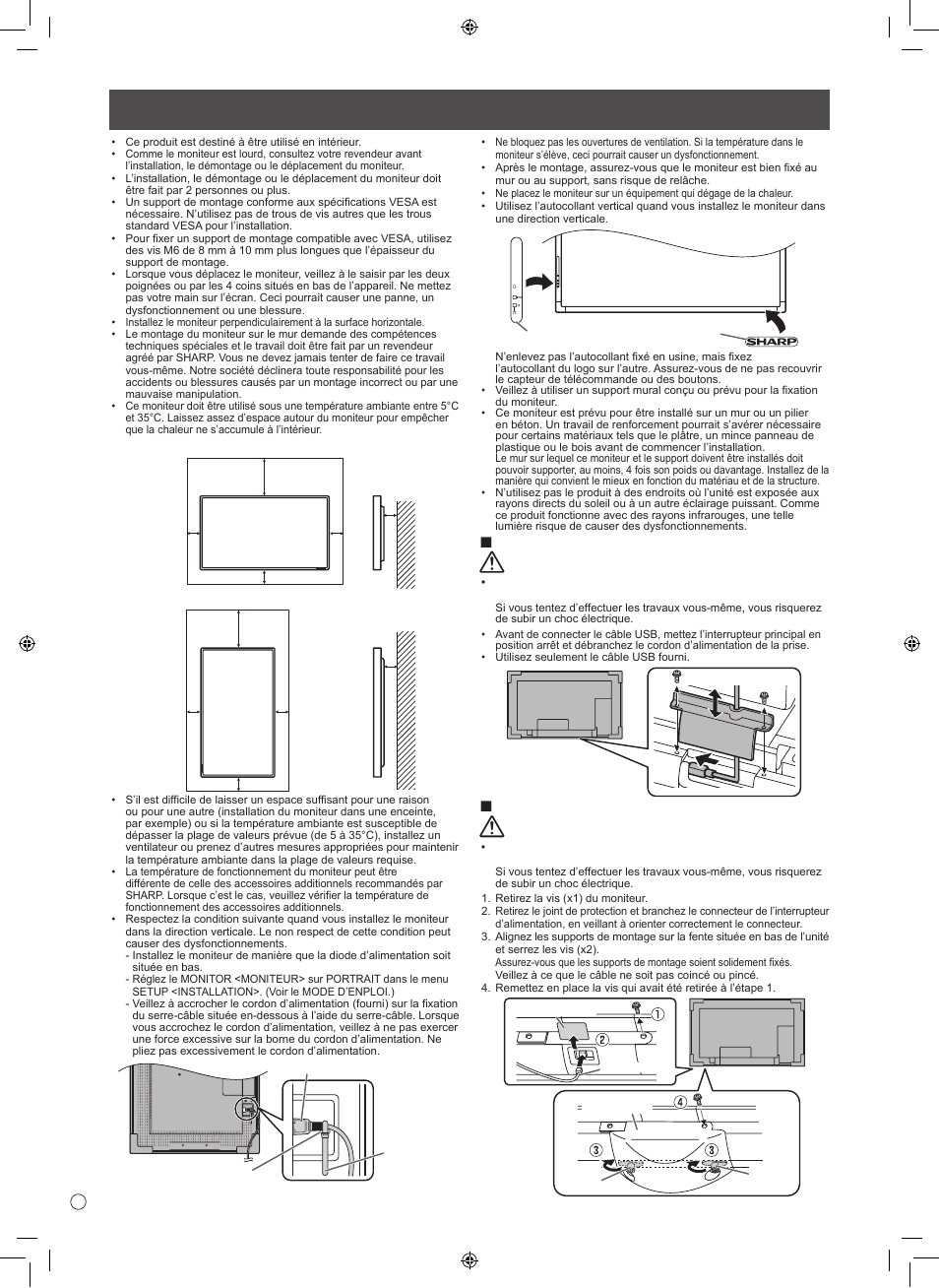 Précautions pour le montage, Connexion du câble usb avertissement | Sharp PN-L601B User Manual | Page 14 / 28