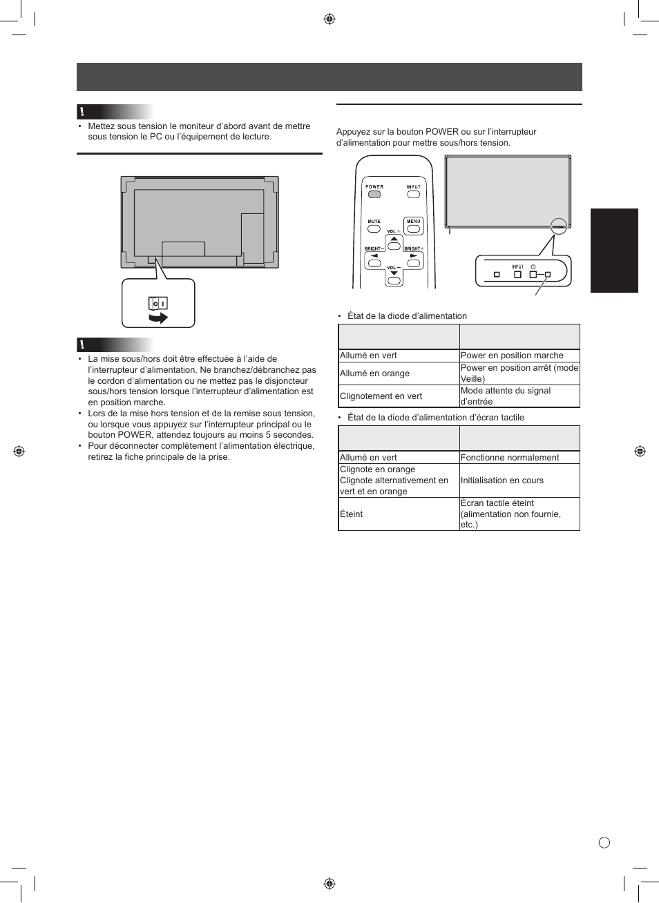 Mise sous tension et hors tension, Français, Mise sous tension de l’interrupteur principal | Mise sous/hors tension | Sharp PN-L601B User Manual | Page 17 / 28