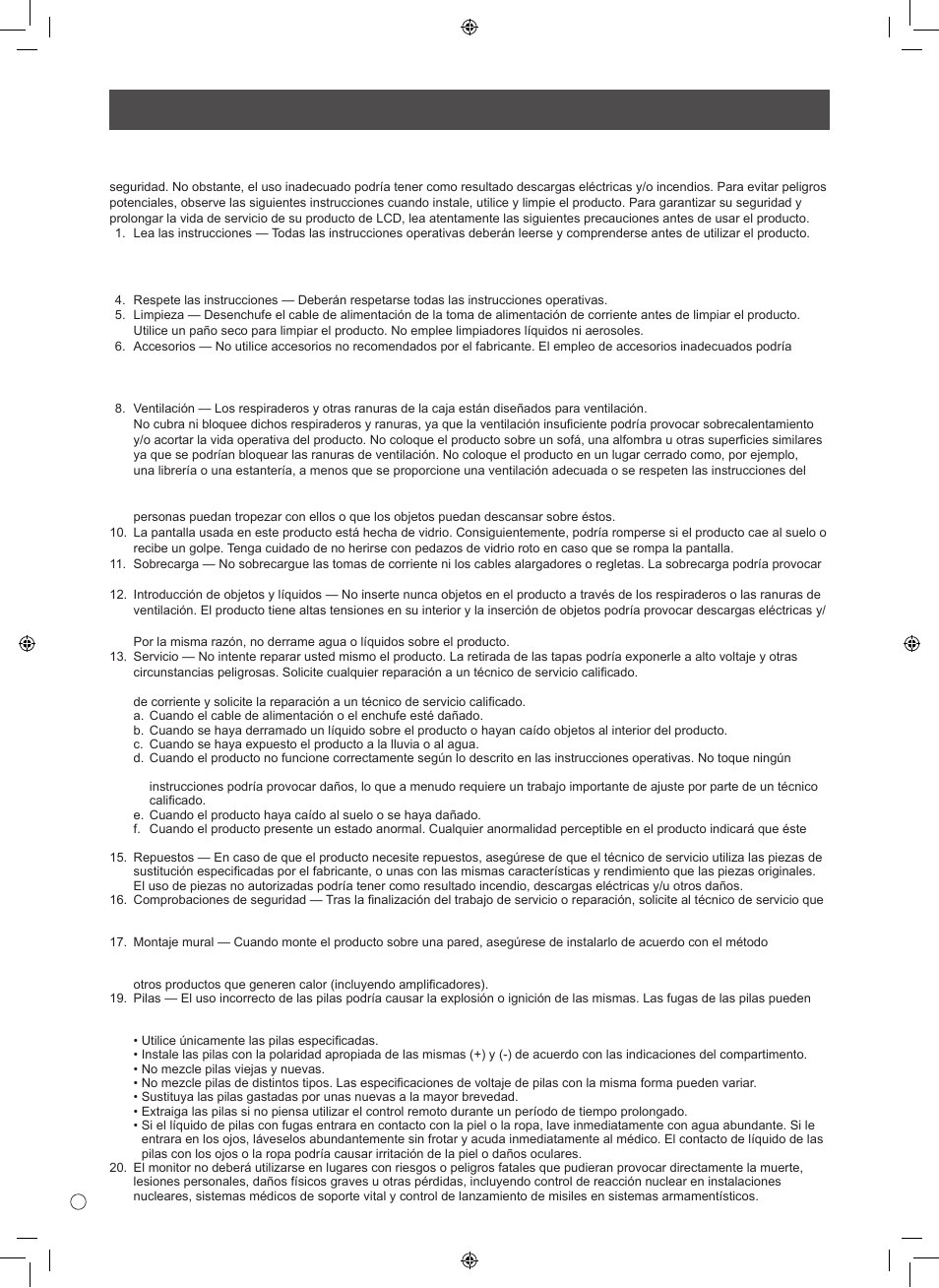 Precauciones de seguridad | Sharp PN-L601B User Manual | Page 20 / 28