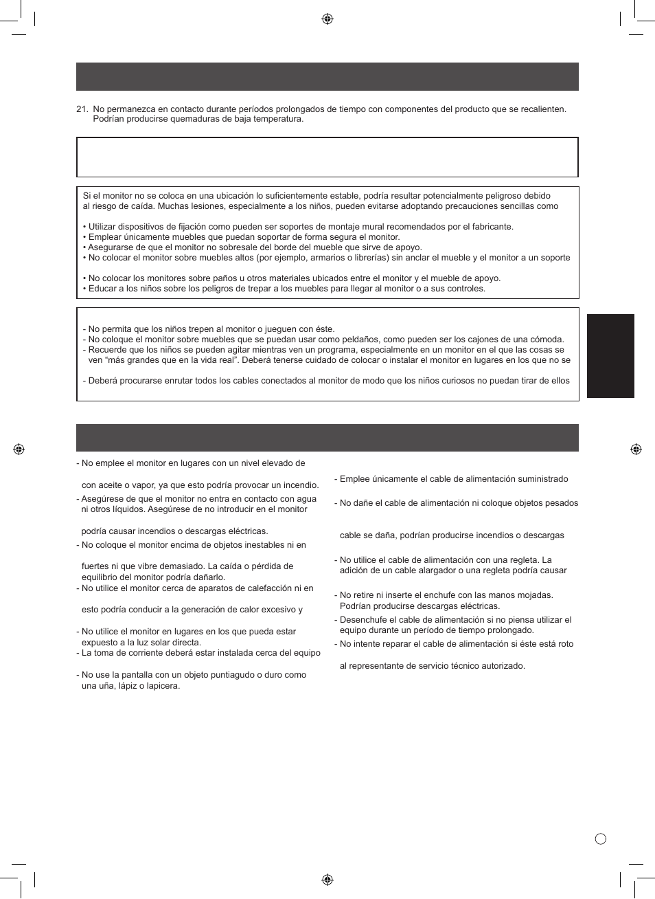 Instrucciones de seguridad, Precauciones de seguridad (continuación), Esp añol | Sharp PN-L601B User Manual | Page 21 / 28