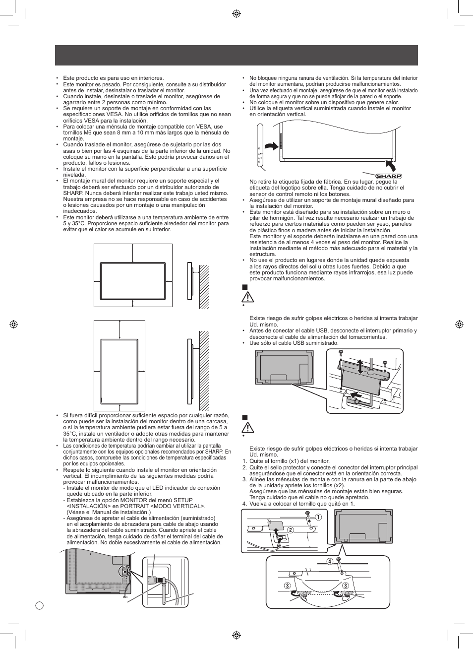 Precauciones de montaje, Conexión del cable usb advertencia | Sharp PN-L601B User Manual | Page 22 / 28