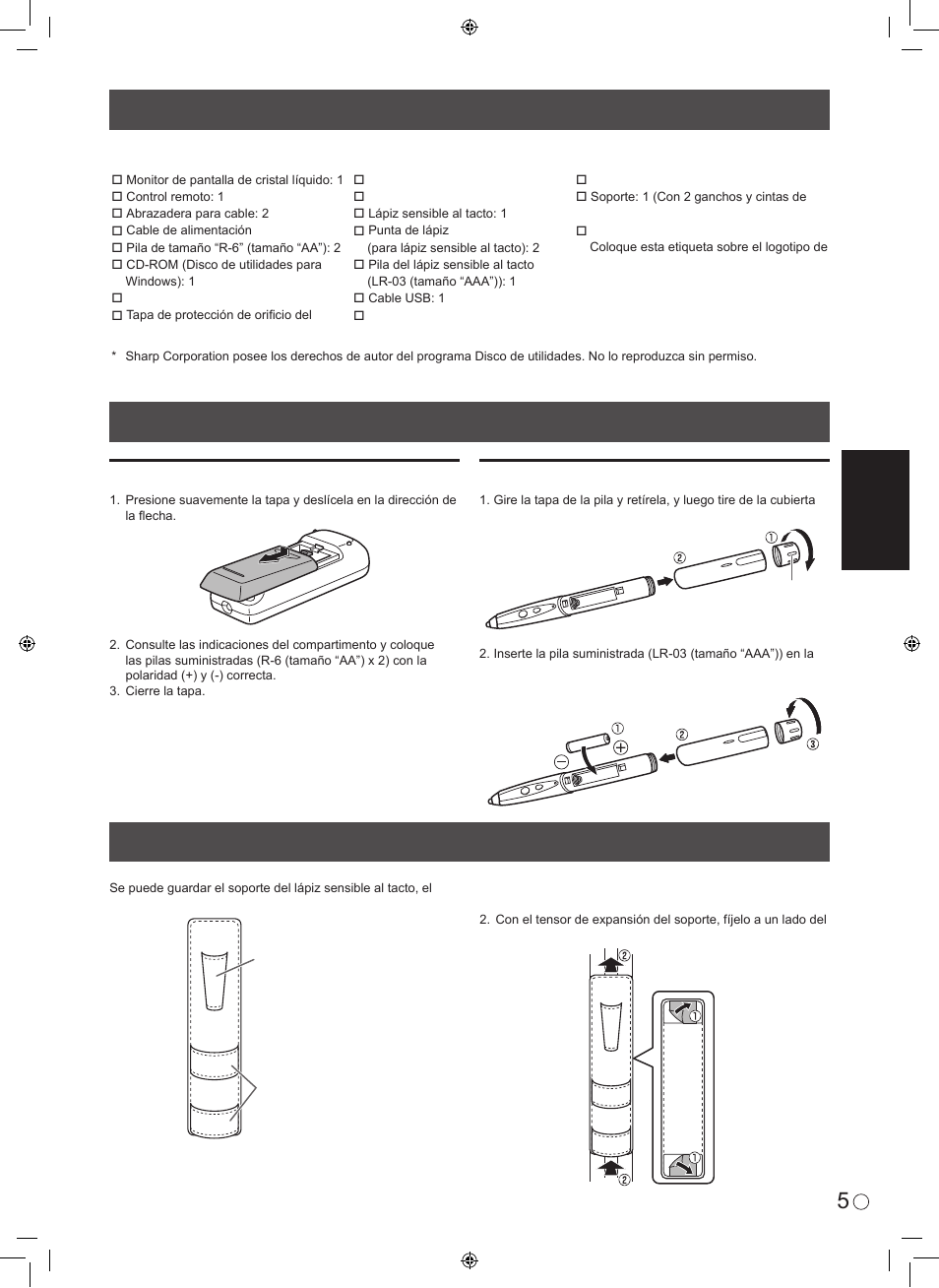 Colocación del soporte, Componentes suministrados, Esp añol | Instalación de las pilas, Inserción de la pila | Sharp PN-L601B User Manual | Page 23 / 28