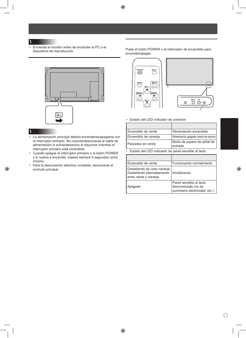 Encendido/apagado, Esp añol, Encendido de la alimentación principal | Sharp PN-L601B User Manual | Page 25 / 28
