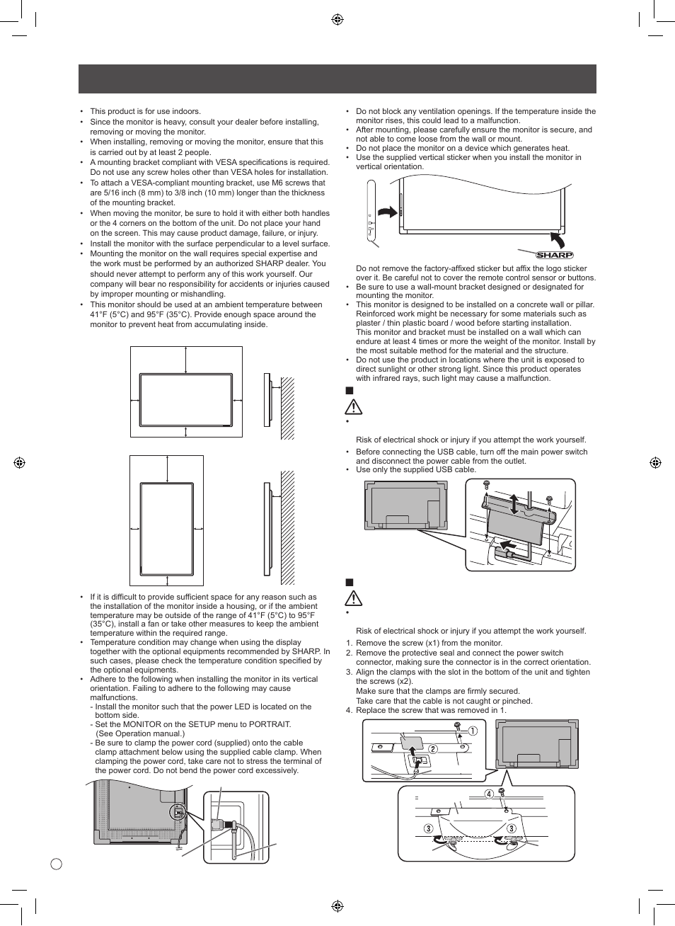 Mounting precautions, Connecting the usb cable warning, Installing the power switch warning | Sharp PN-L601B User Manual | Page 6 / 28