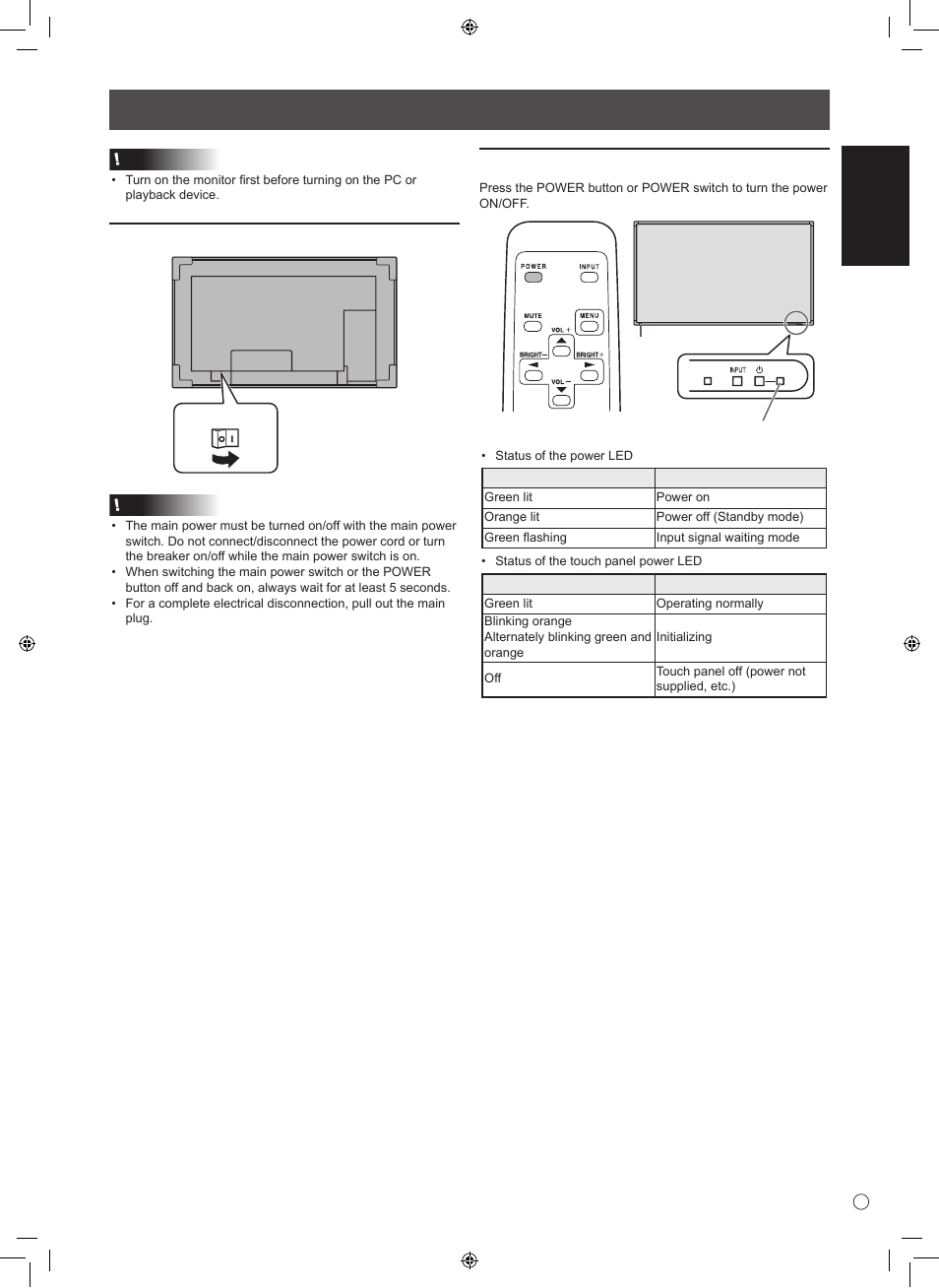 Turning power on/off, English, Turning on the main power | Sharp PN-L601B User Manual | Page 9 / 28