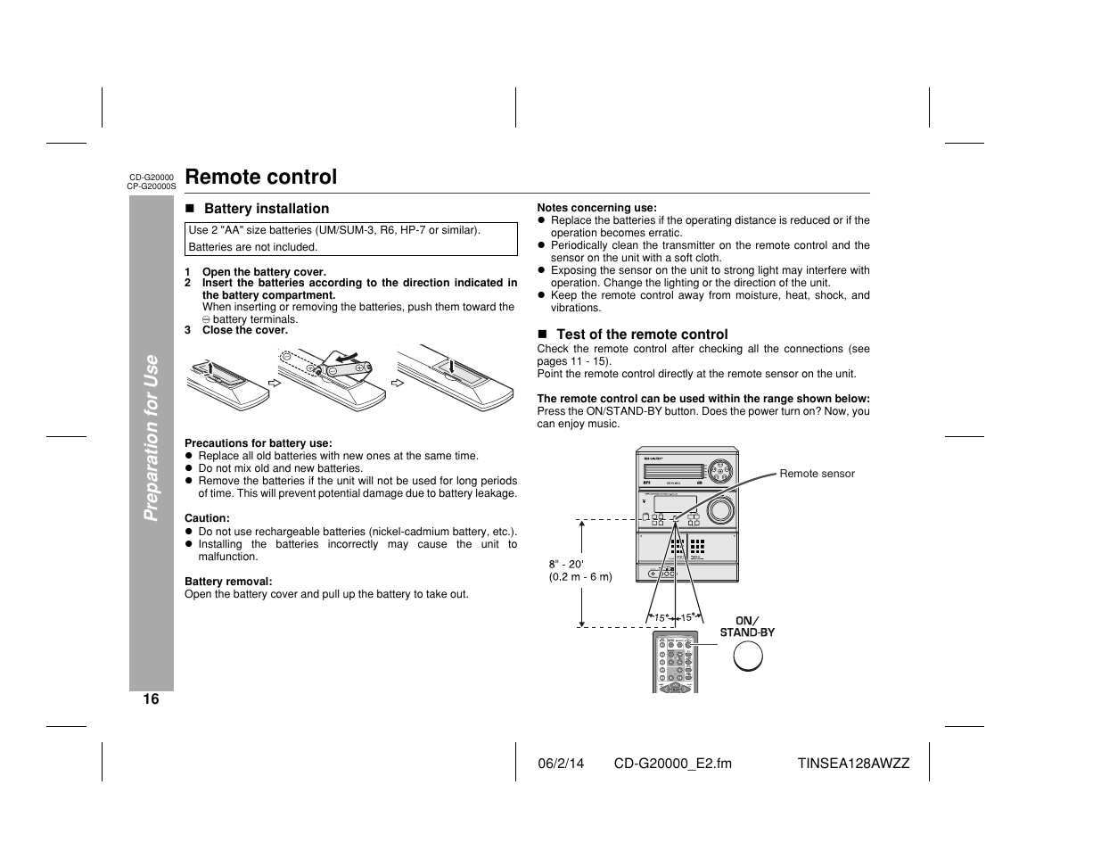 Remote control, Preparation for use | Sharp CP-G20000S User Manual | Page 16 / 48