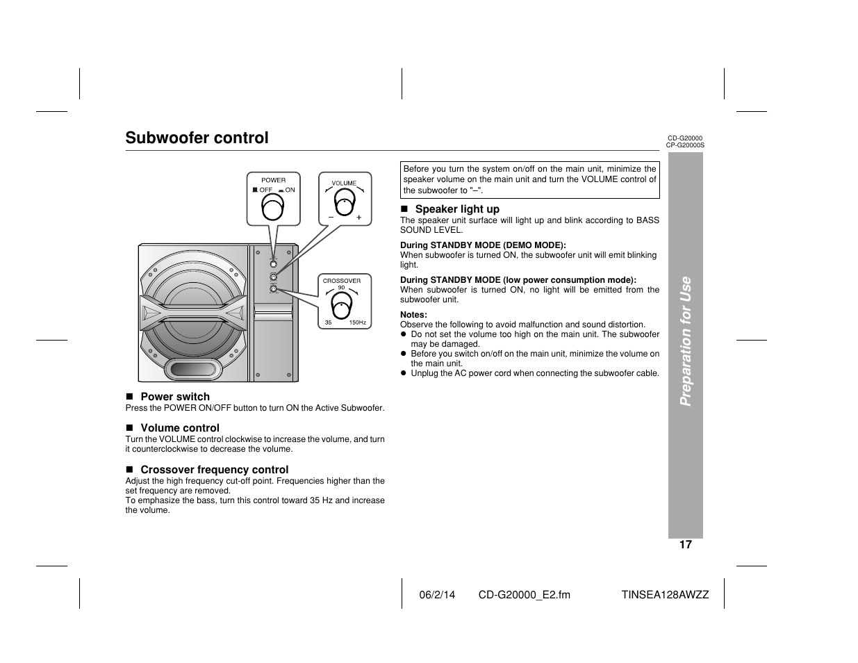 Subwoofer control, Preparation for use | Sharp CP-G20000S User Manual | Page 17 / 48