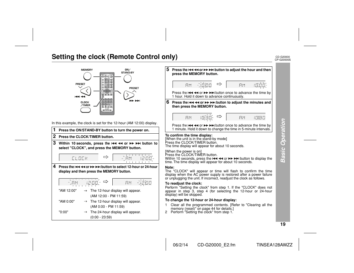 Setting the clock (remote control only), Basic operation | Sharp CP-G20000S User Manual | Page 19 / 48