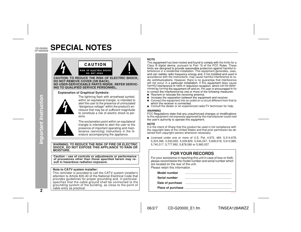 Important instruction, For your records | Sharp CP-G20000S User Manual | Page 2 / 48