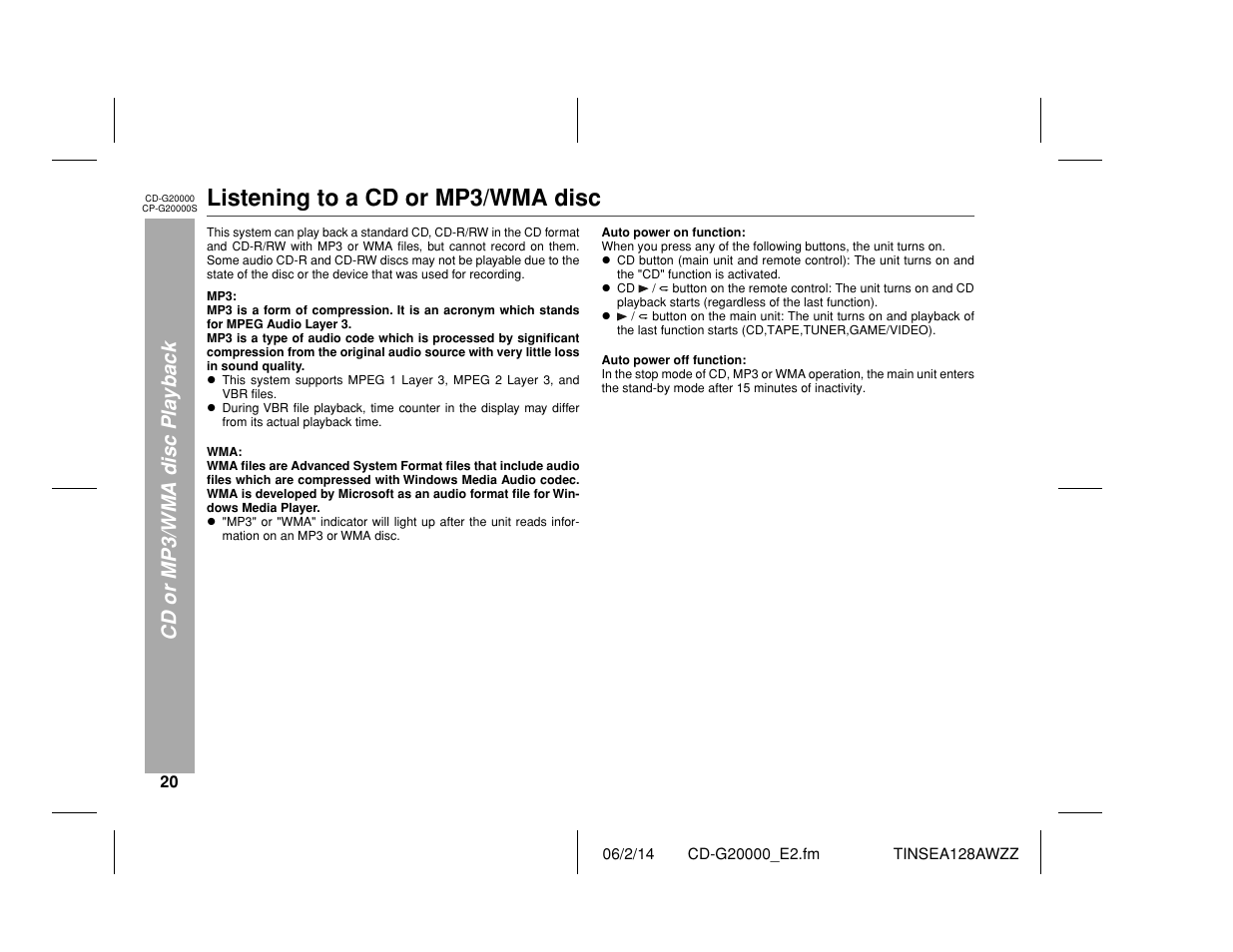 Listening to a cd or mp3/wma disc, Cd or mp3/wma disc playback | Sharp CP-G20000S User Manual | Page 20 / 48