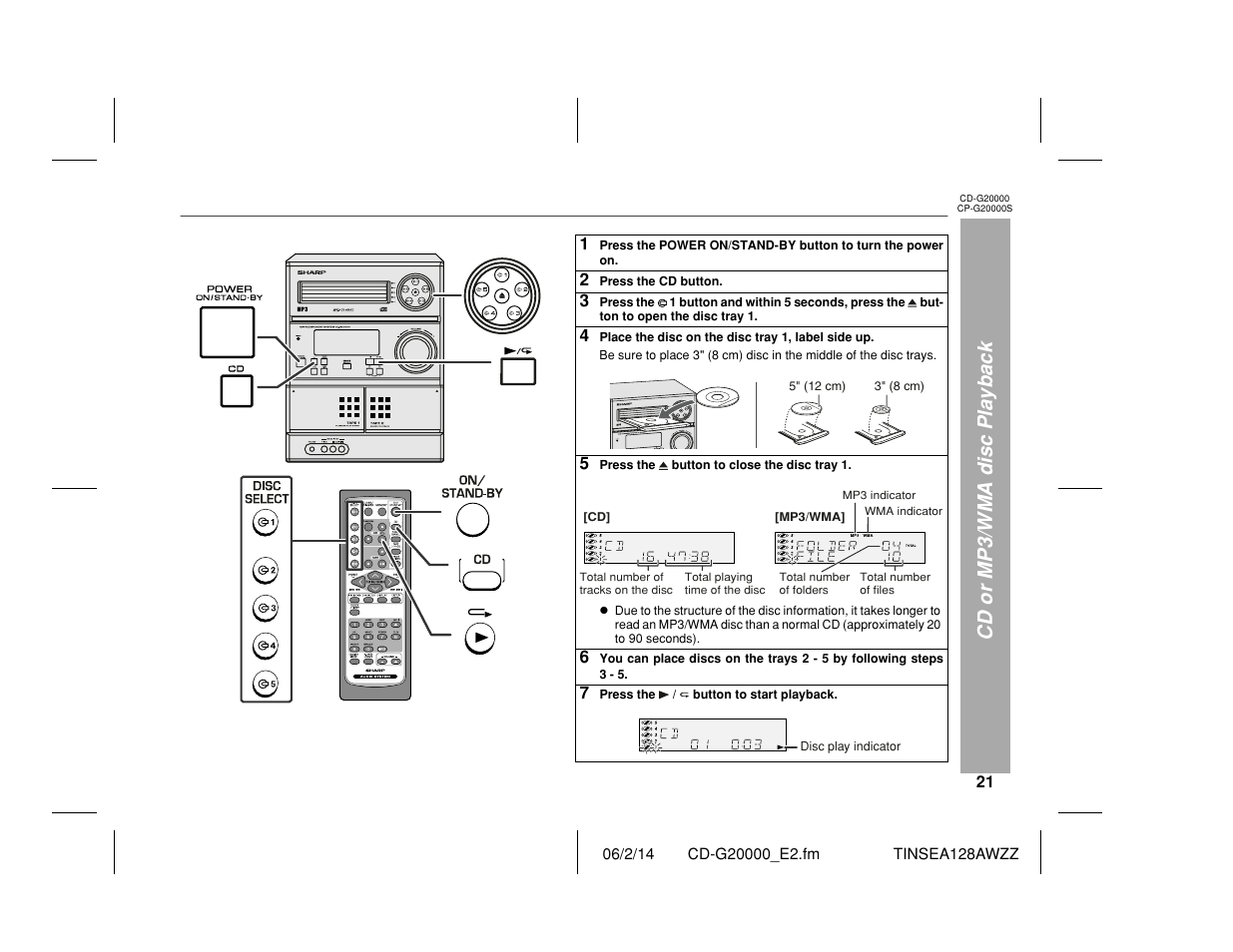 Cd or mp3/wma disc playback | Sharp CP-G20000S User Manual | Page 21 / 48