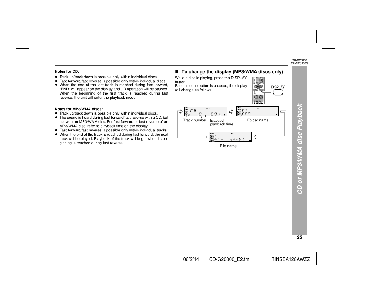 Cd or mp3/wma disc playback | Sharp CP-G20000S User Manual | Page 23 / 48