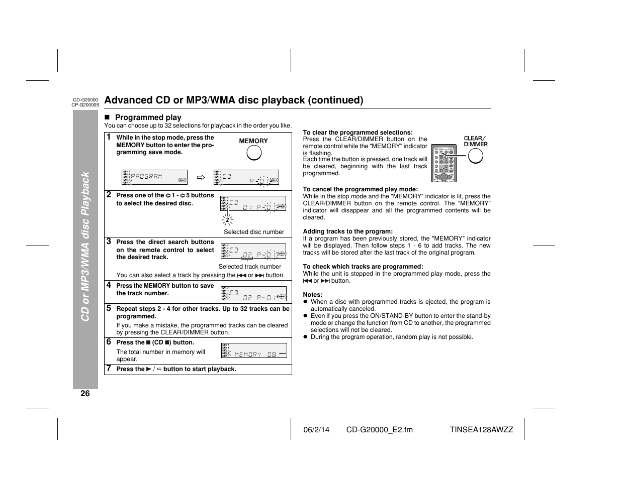 Cd or mp3/wma disc playback, Advanced cd or mp3/wma disc playback (continued) | Sharp CP-G20000S User Manual | Page 26 / 48