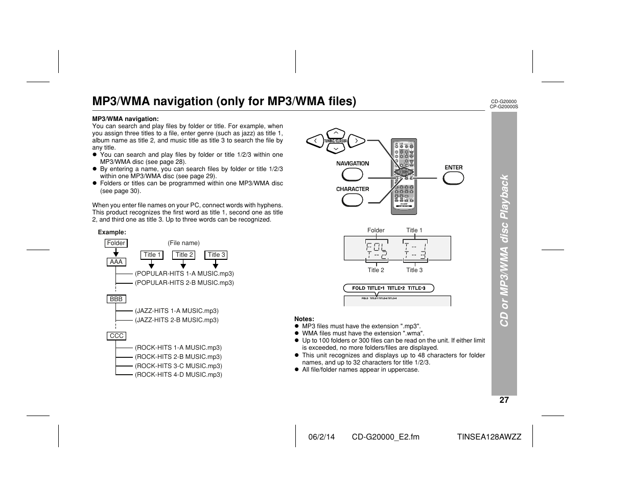 Mp3/wma navigation (only for mp3/wma files), Cd or mp3/wma disc playback | Sharp CP-G20000S User Manual | Page 27 / 48