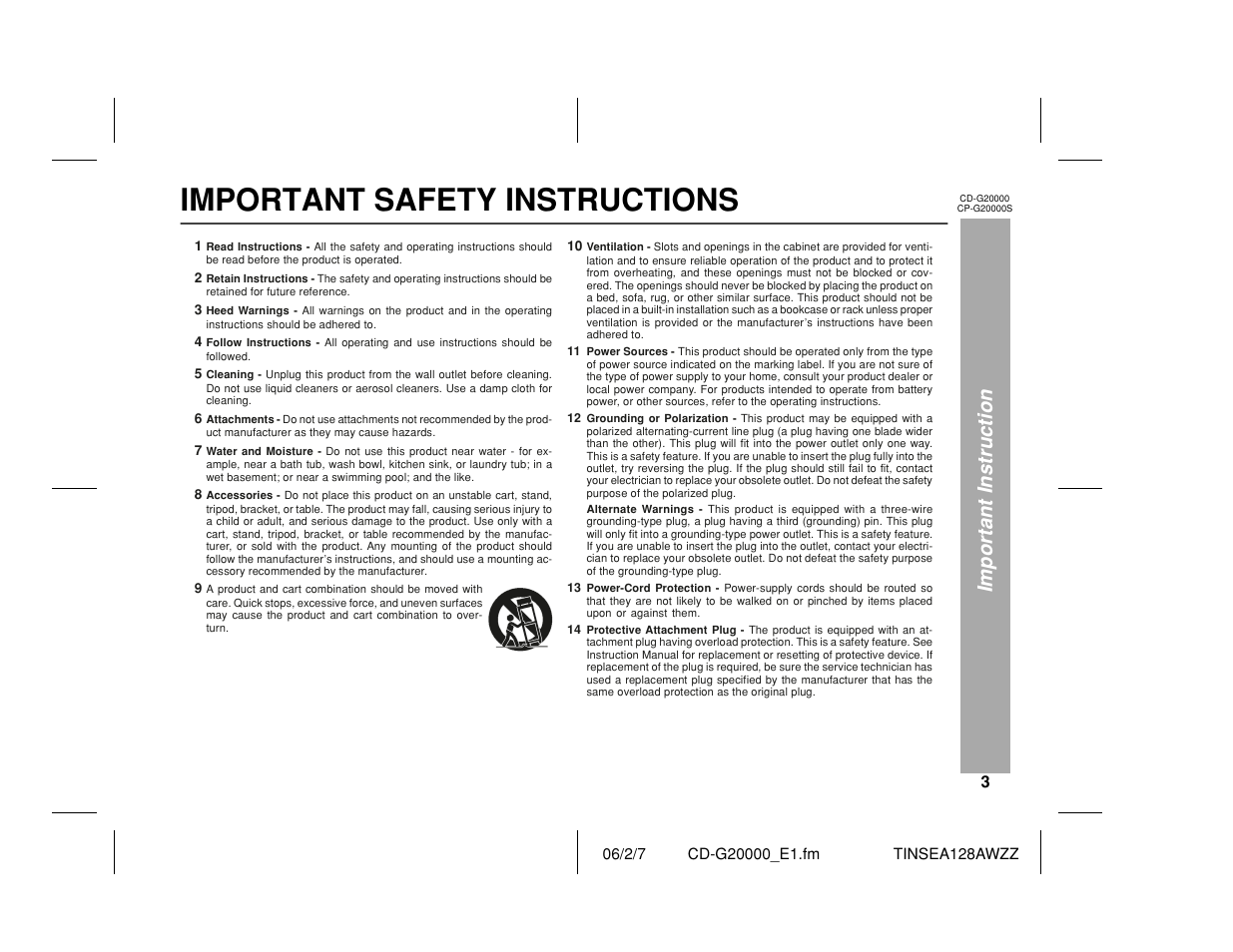 Important safety instructions, Important instruction | Sharp CP-G20000S User Manual | Page 3 / 48