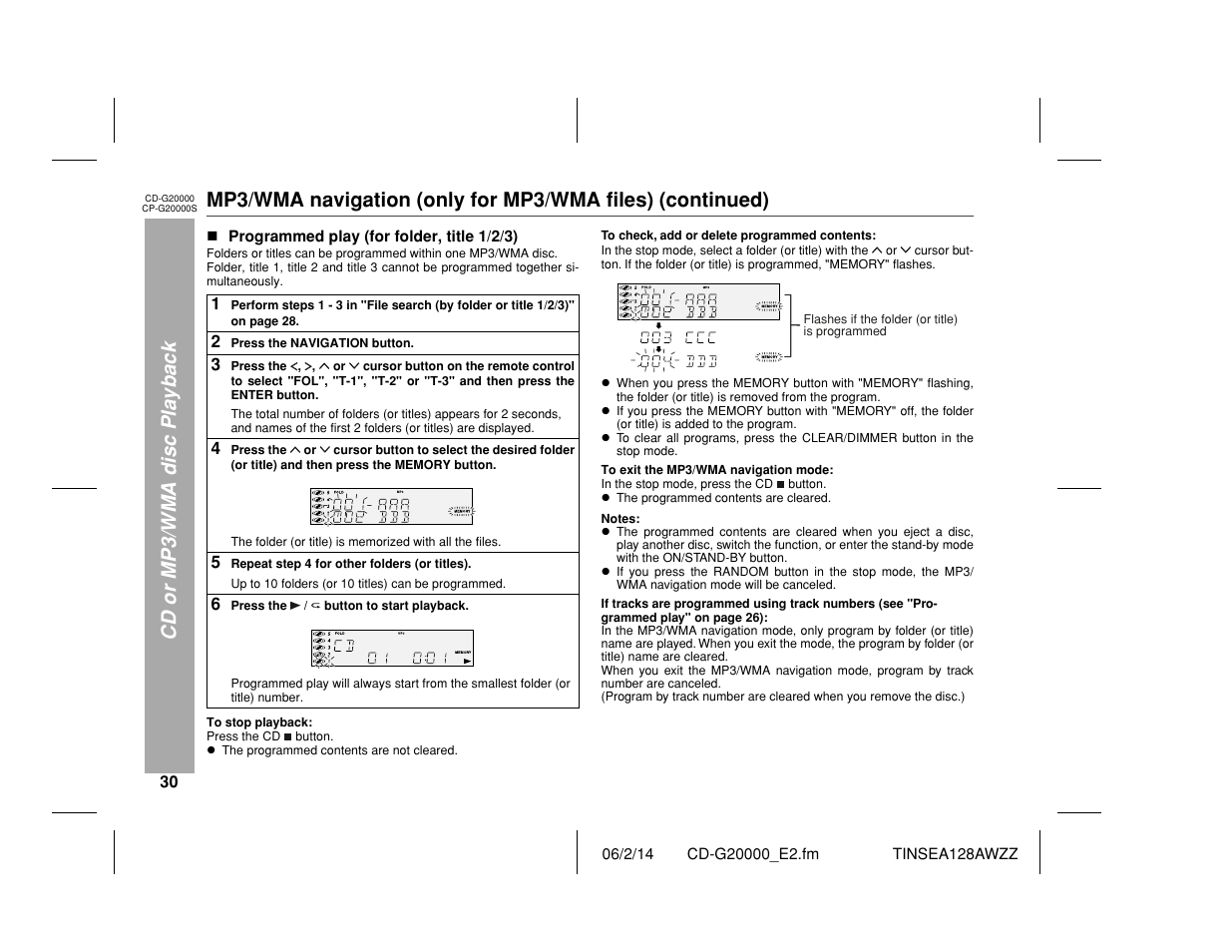 Cd or mp3/wma disc playback | Sharp CP-G20000S User Manual | Page 30 / 48