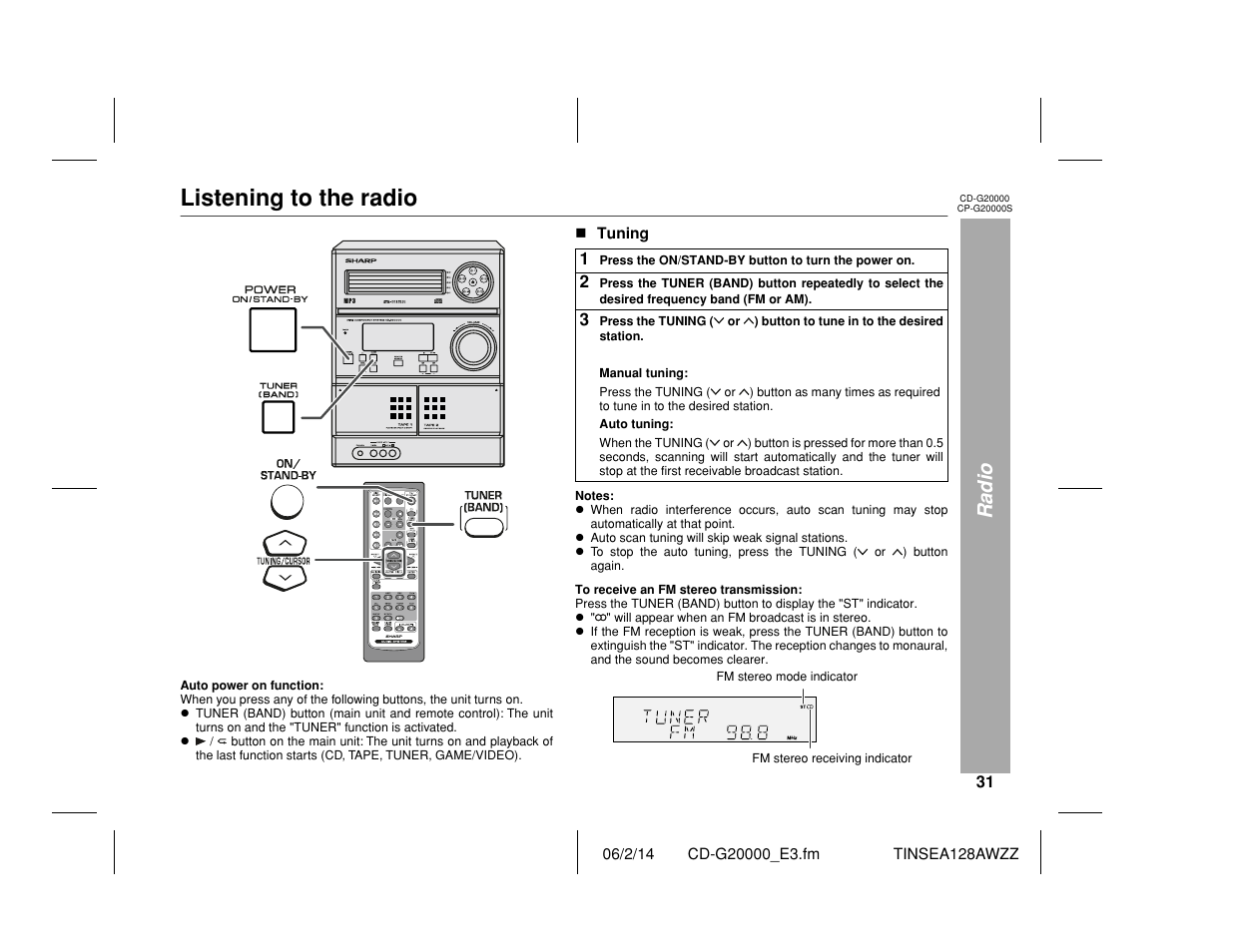 Listening to the radio, Radio | Sharp CP-G20000S User Manual | Page 31 / 48