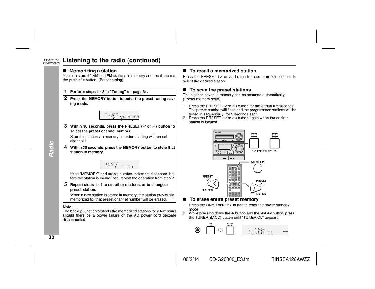 Radio, Listening to the radio (continued) | Sharp CP-G20000S User Manual | Page 32 / 48