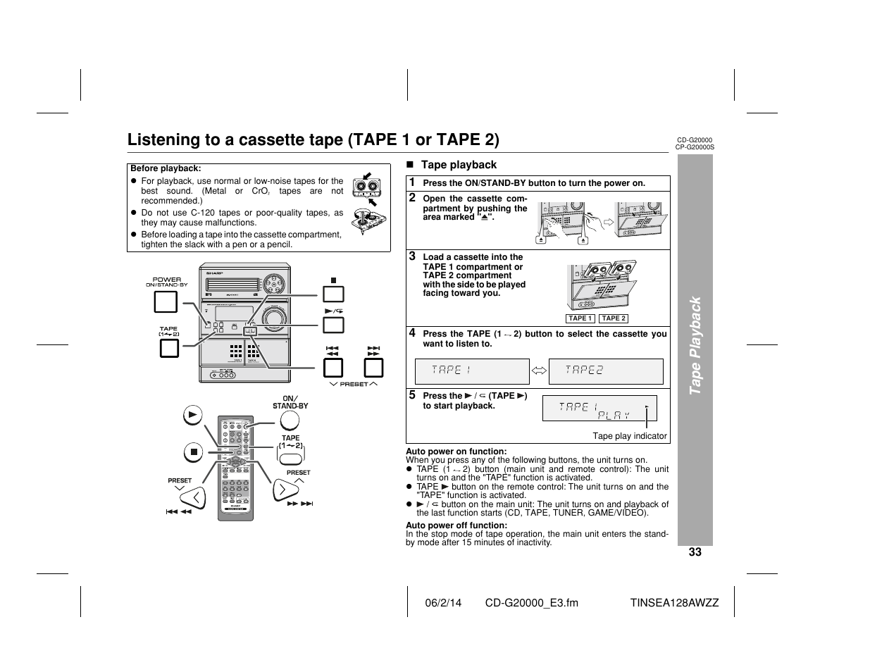 Listening to a cassette tape (tape 1 or tape 2), Tape playback | Sharp CP-G20000S User Manual | Page 33 / 48