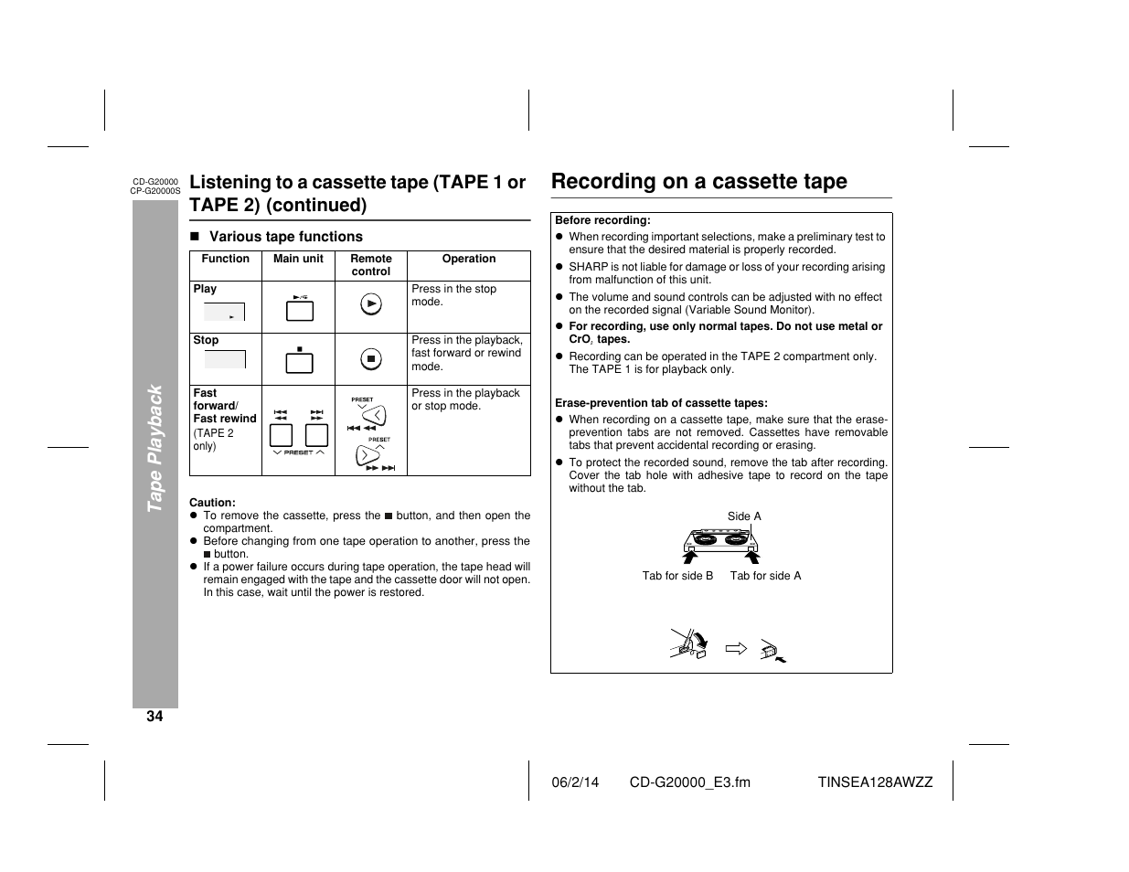 Recording on a cassette tape, Tape playback, Listening to a cassette tape (tape 1 or tape 2) | Continued) | Sharp CP-G20000S User Manual | Page 34 / 48