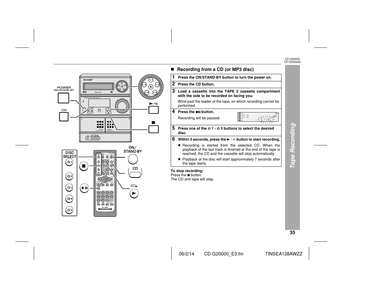 Tape recording | Sharp CP-G20000S User Manual | Page 35 / 48