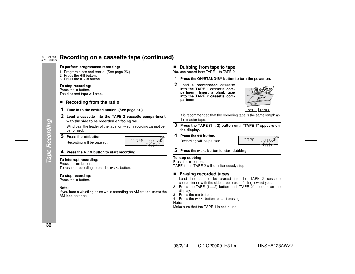 Tape recording, Recording on a cassette tape (continued) | Sharp CP-G20000S User Manual | Page 36 / 48