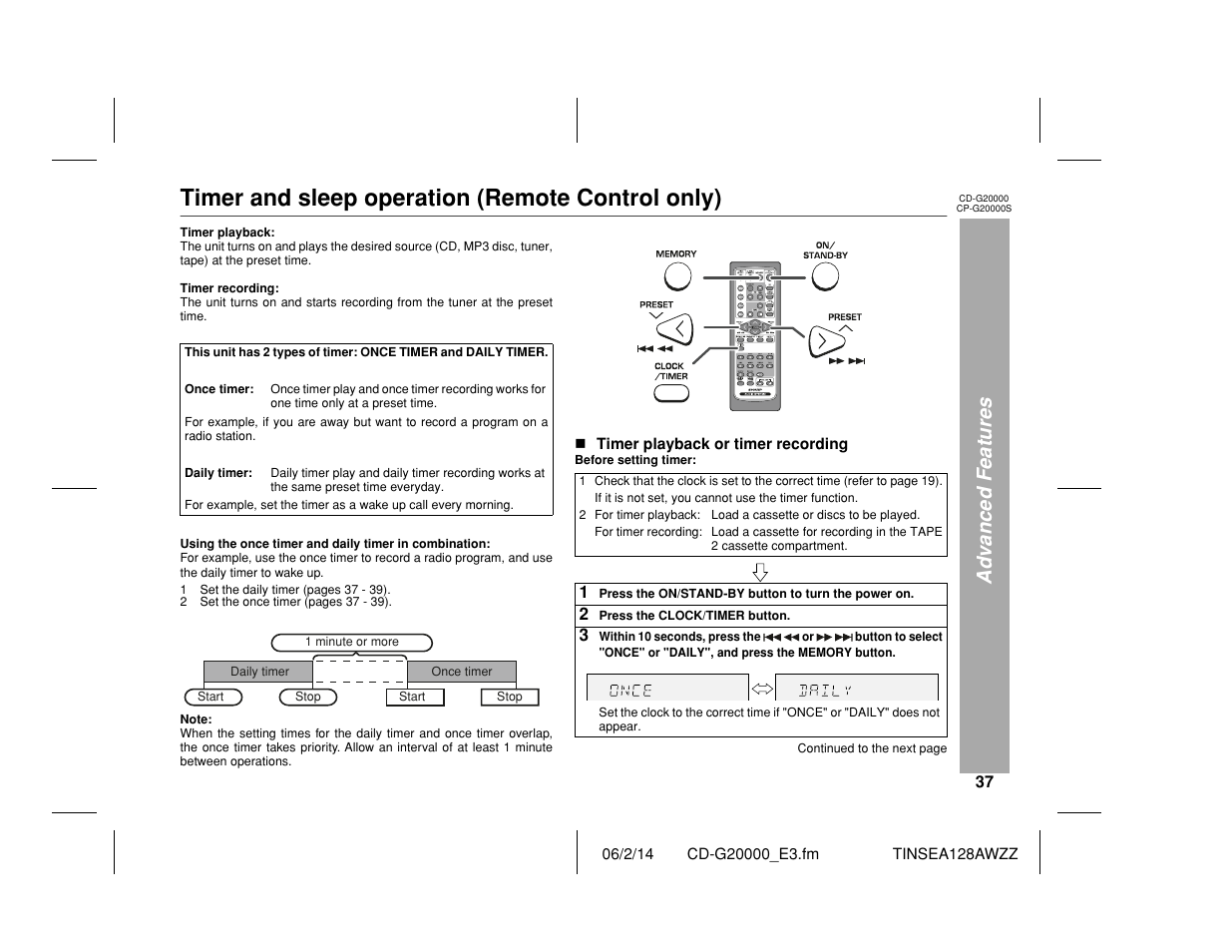 Timer and sleep operation (remote control only), Advanced features | Sharp CP-G20000S User Manual | Page 37 / 48