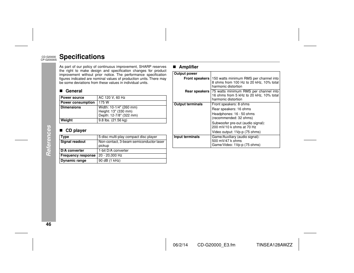 Specifications, References | Sharp CP-G20000S User Manual | Page 46 / 48