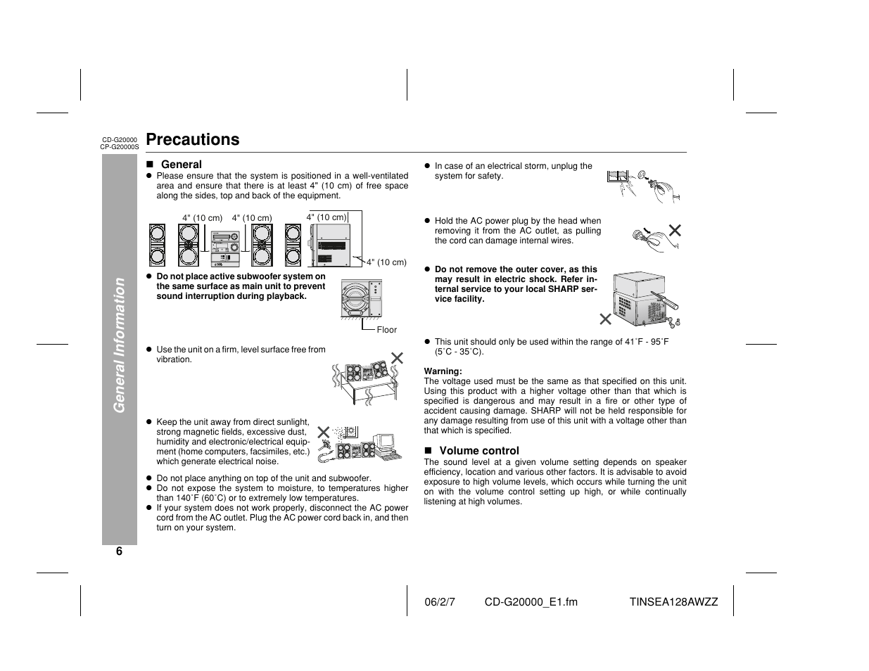 Precautions, General information | Sharp CP-G20000S User Manual | Page 6 / 48