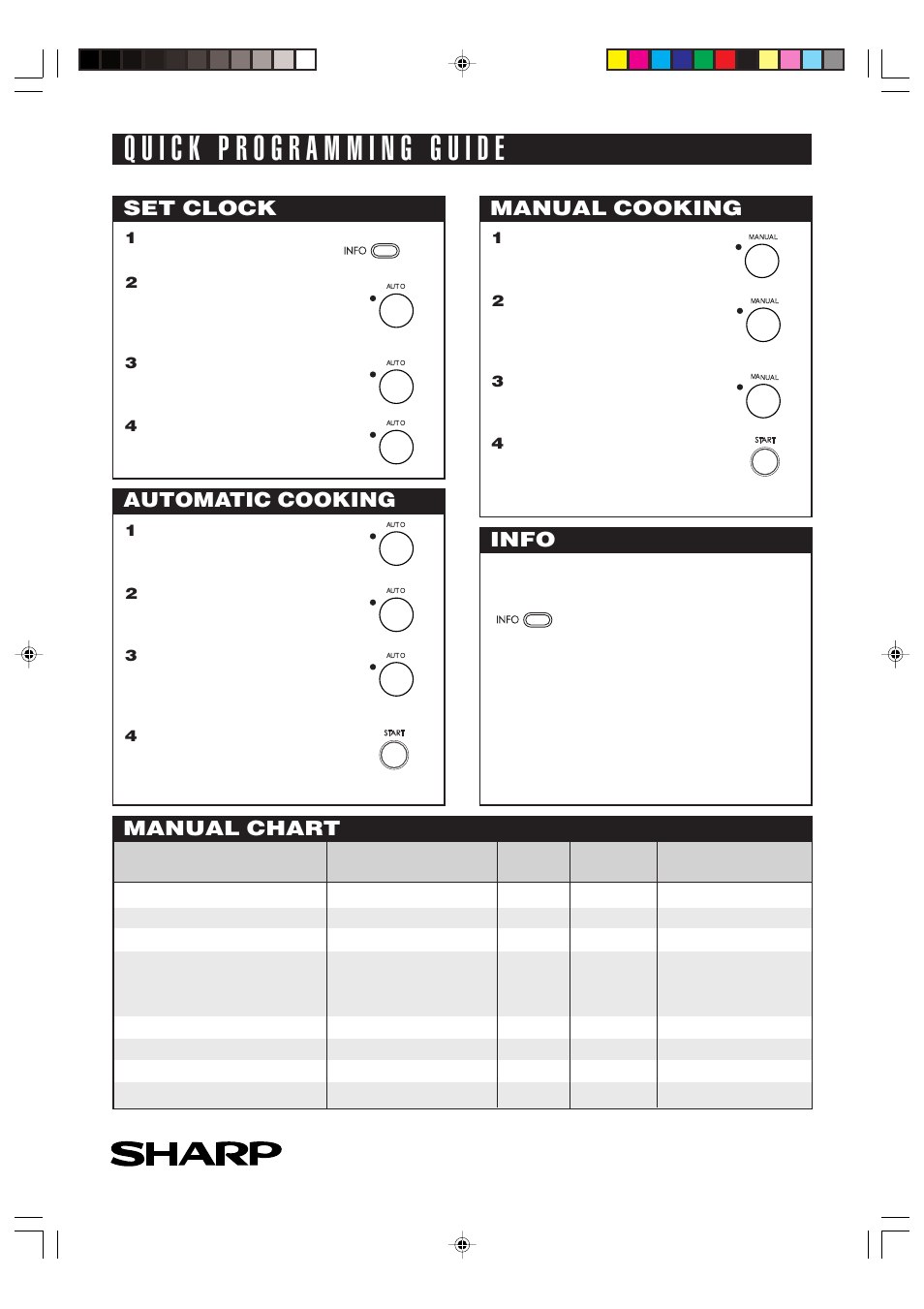 Set clock, Manual cooking, Automatic cooking | Info, Manual chart | Sharp AX-700 User Manual | Page 40 / 40