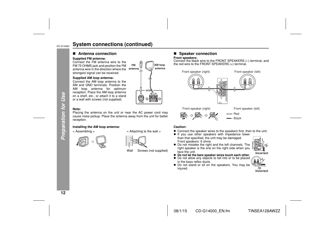 Preparation for use, System connections (continued) | Sharp CD G14000 User Manual | Page 12 / 48