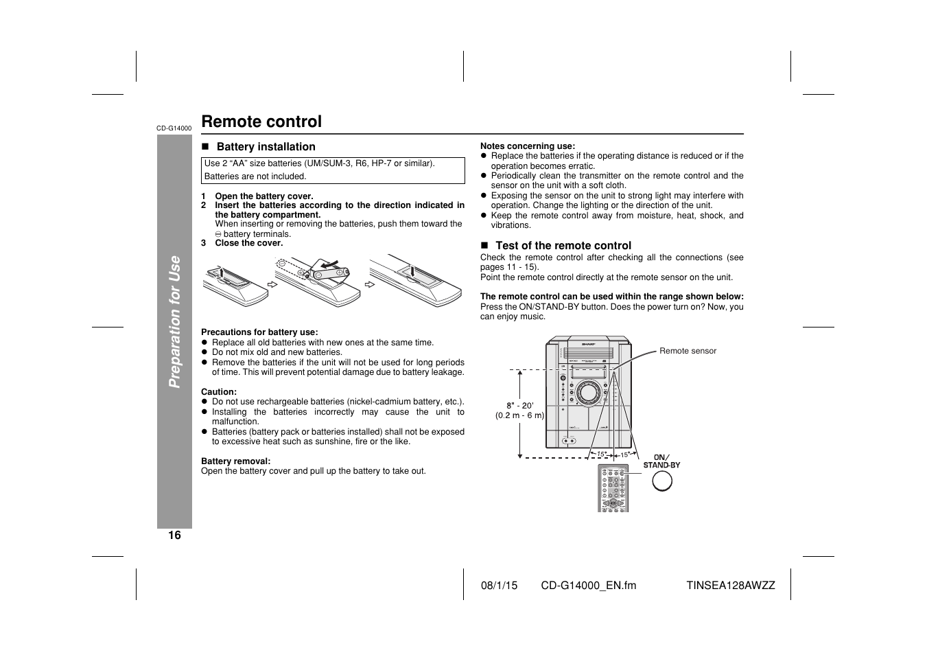 Remote control | Sharp CD G14000 User Manual | Page 16 / 48