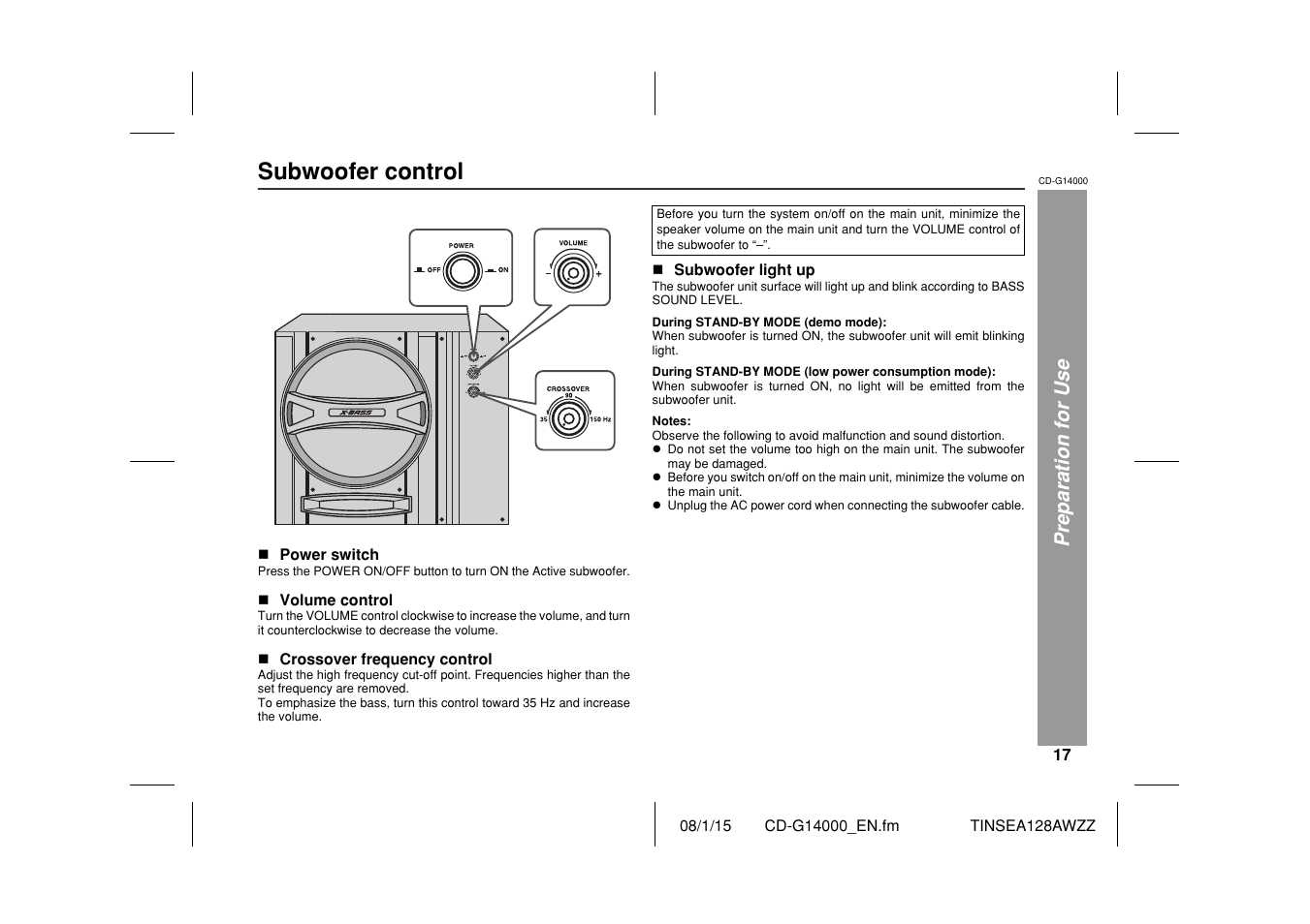 Subwoofer control, Preparation for use | Sharp CD G14000 User Manual | Page 17 / 48