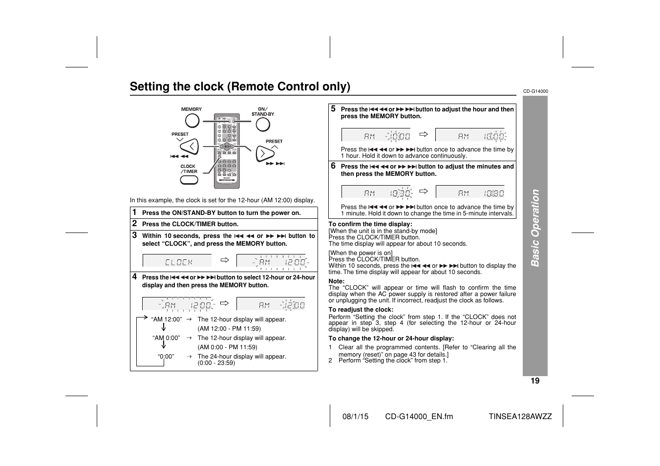 Setting the clock (remote control only), Basic operation | Sharp CD G14000 User Manual | Page 19 / 48