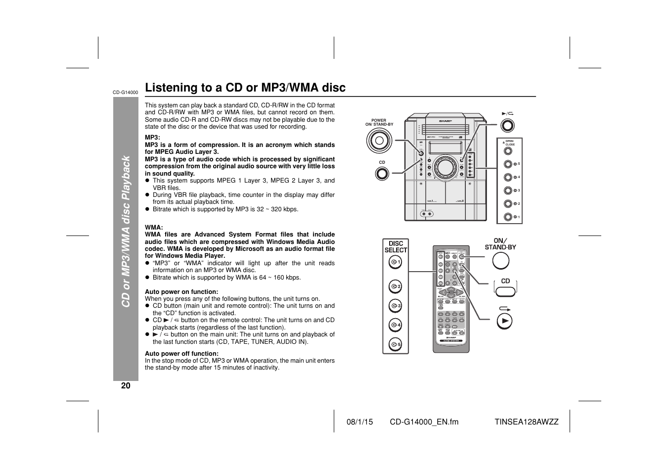 Listening to a cd or mp3/wma disc | Sharp CD G14000 User Manual | Page 20 / 48