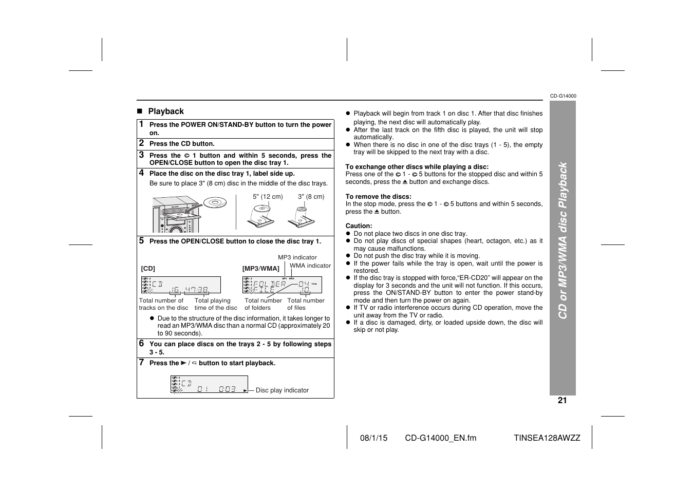 Cd or mp3/wma disc playback | Sharp CD G14000 User Manual | Page 21 / 48