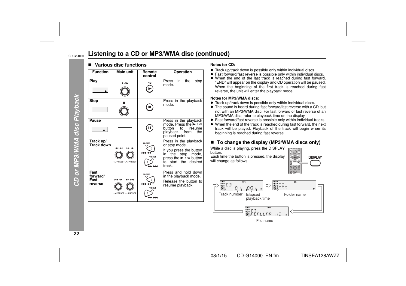 Cd or mp3/wma disc playback, Listening to a cd or mp3/wma disc (continued) | Sharp CD G14000 User Manual | Page 22 / 48