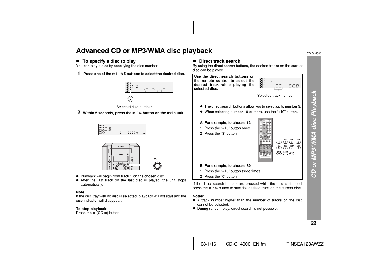 Advanced cd or mp3/wma disc playback | Sharp CD G14000 User Manual | Page 23 / 48