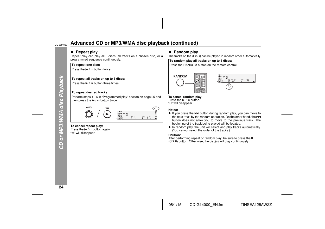 Cd or mp3/wma disc playback, Advanced cd or mp3/wma disc playback (continued) | Sharp CD G14000 User Manual | Page 24 / 48