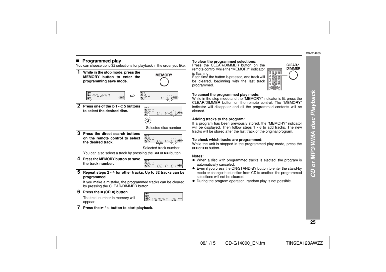 Cd or mp3/wma disc playback | Sharp CD G14000 User Manual | Page 25 / 48