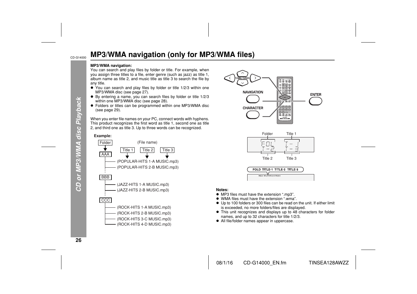 Mp3/wma navigation (only for mp3/wma files), Cd or mp3/wma disc playback | Sharp CD G14000 User Manual | Page 26 / 48