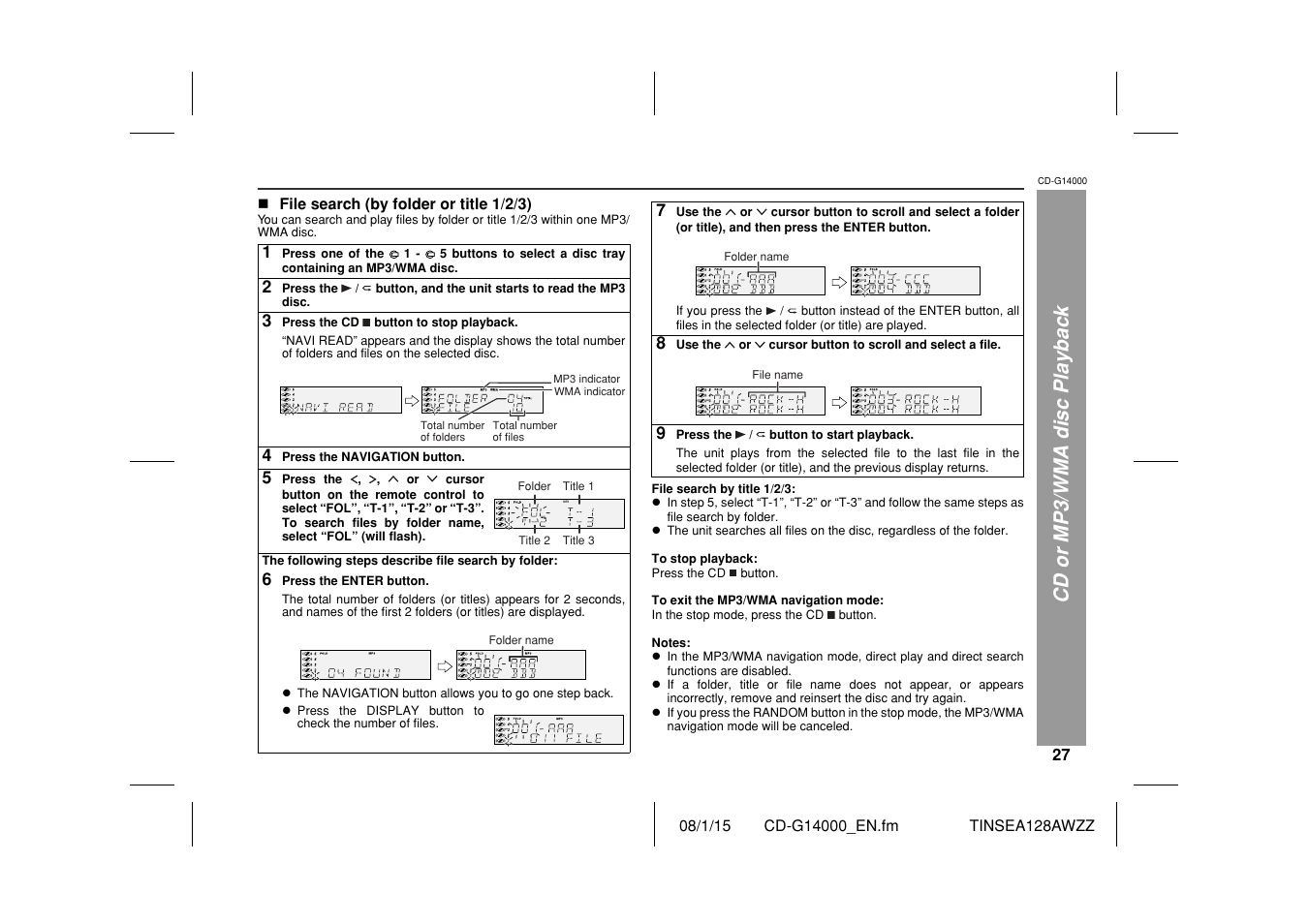 Cd or mp3/wma disc playback | Sharp CD G14000 User Manual | Page 27 / 48